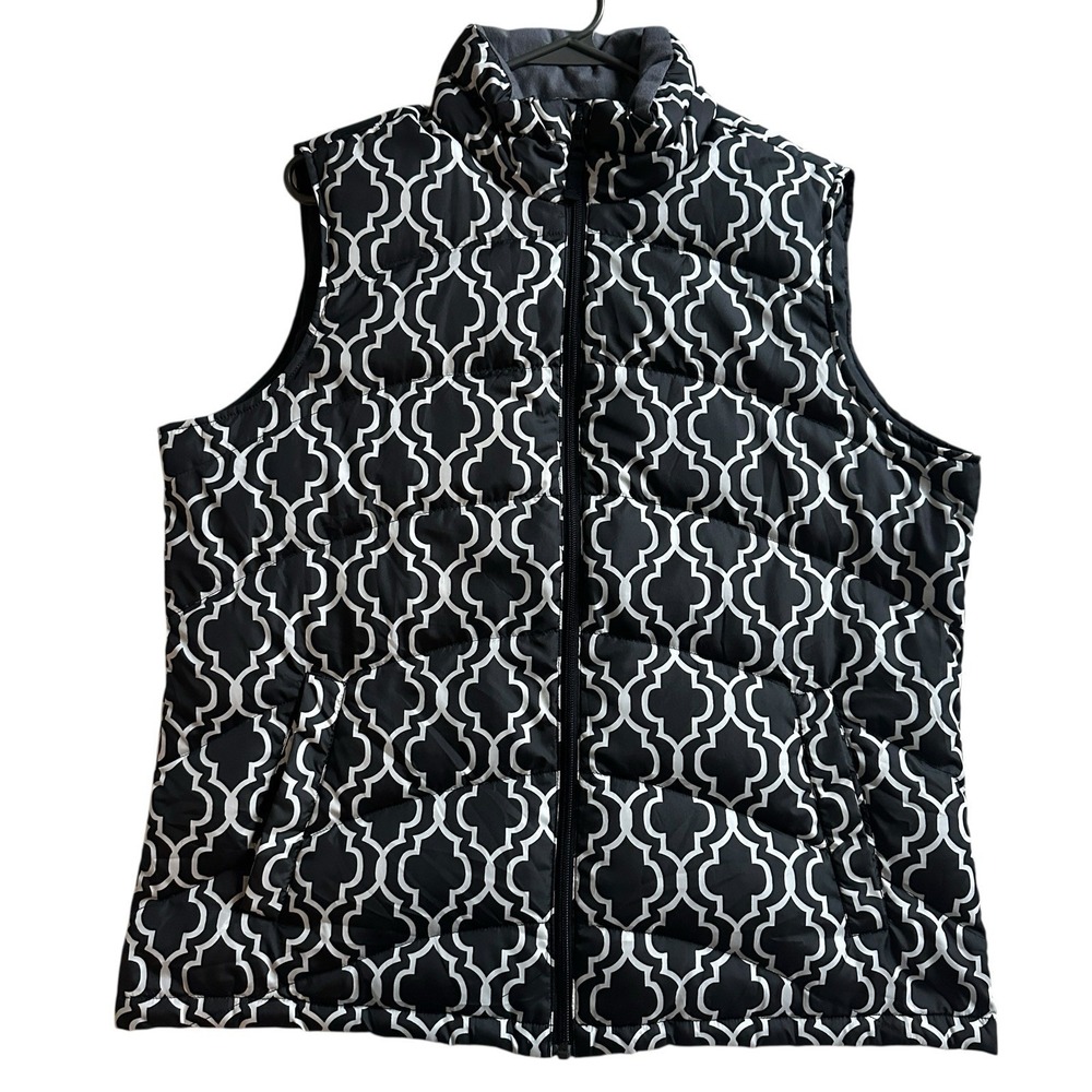 Lands' End Down Quatrefoil Puffer Zip Up Vest Women's Large Black White Pockets